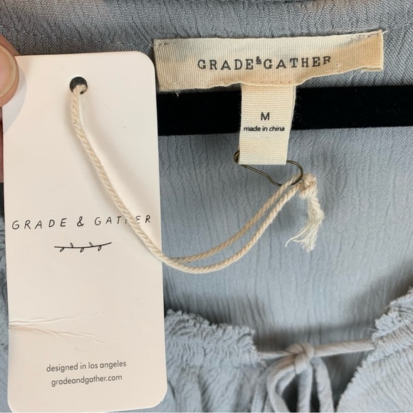 Grade & Gather sz M NWOT Light Stone Grey Boho Gauzy Ruffle Peasant Blouse - Picture 7 of 9